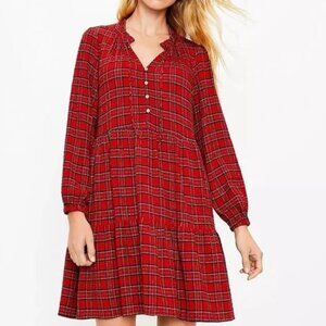 LOFT Women's Red Plaid Tiered Button Dress - size Medium Tall
